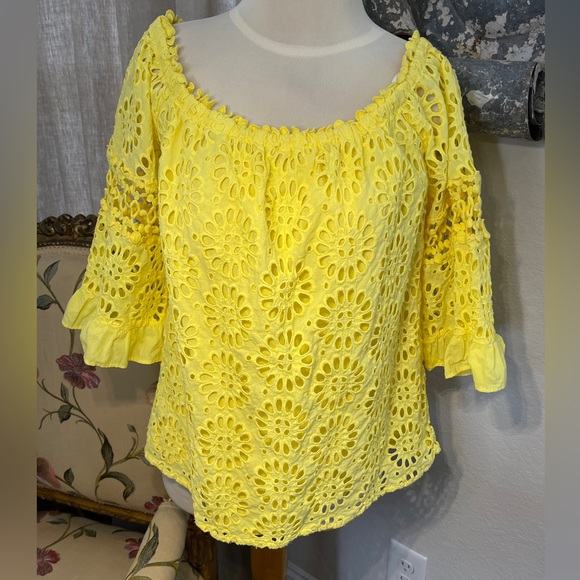Lilly Pulitzer Laurenne Off the Shoulder Calla Lily Yellow Cotton Top Large - Picture 7 of 11